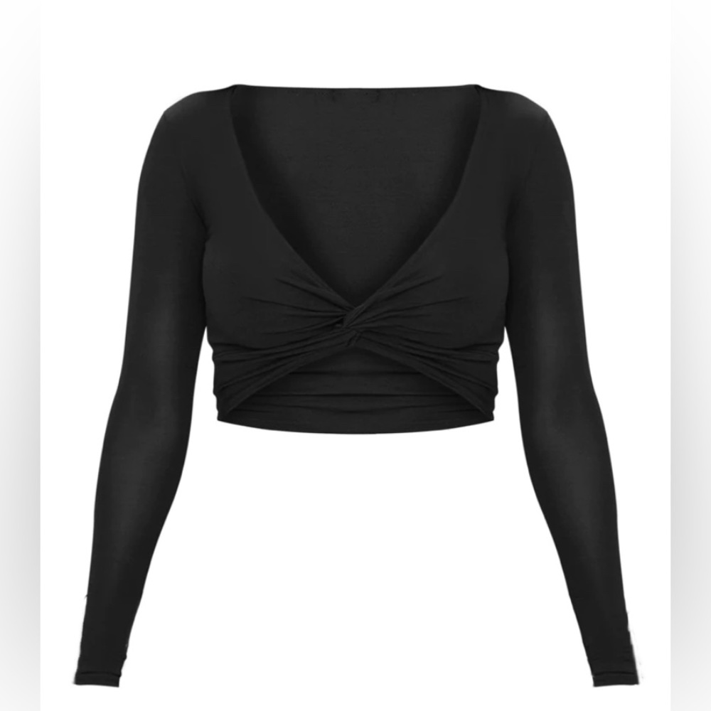 NWT! Shape Black Slinky Twist Front Crop Long Sleeve Pretty Little Thing